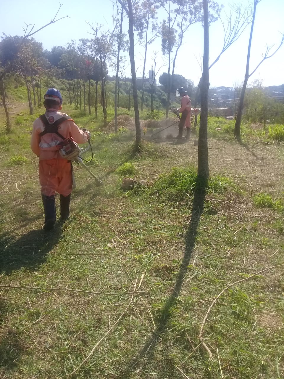 Dois funcionários com uniforme da Prefeitura cortando a grama com roçadeiras.